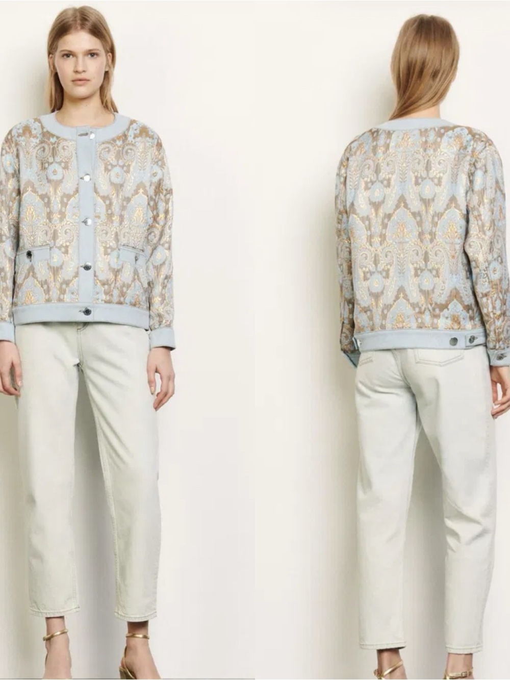 Sandro Paris Gold brocade Paisley-Print Bomber Jacket with denim Accents